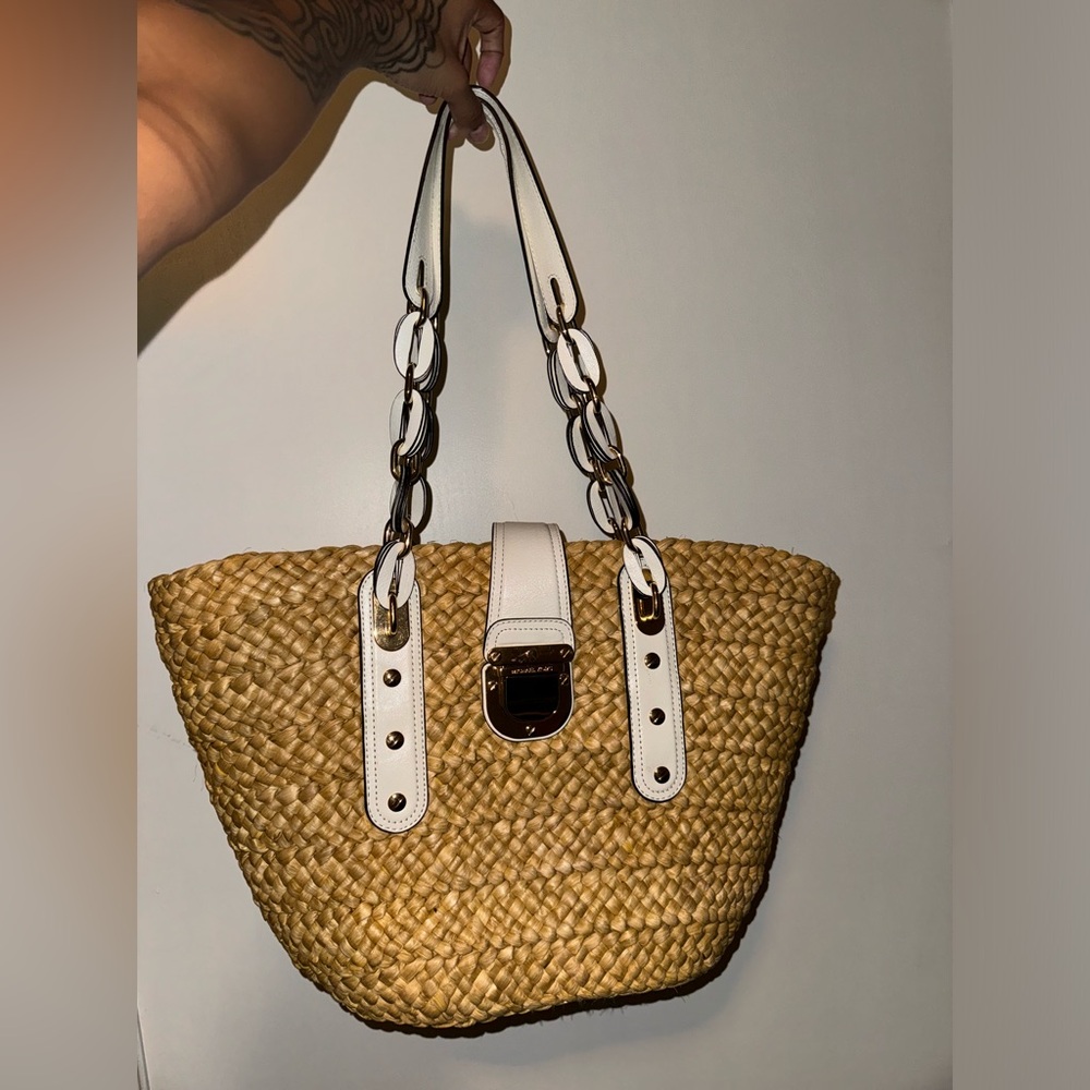 Michael Kors Santorini Straw Raffia Woven Tote Bag Braided leather